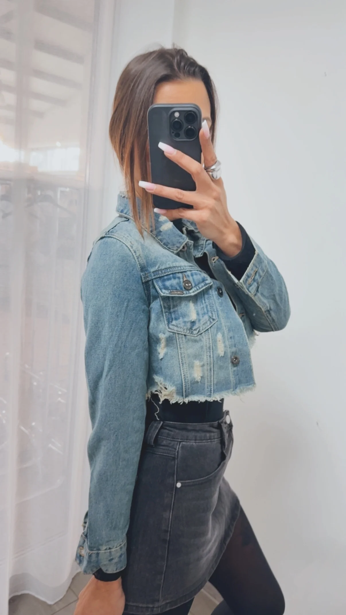 Crop Jeansjacke mit used - Elementen / mittel blau Art. 5744 – Bild 3
