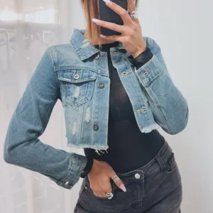 Crop Jeansjacke mit used - Elementen / mittel blau Art. 5744